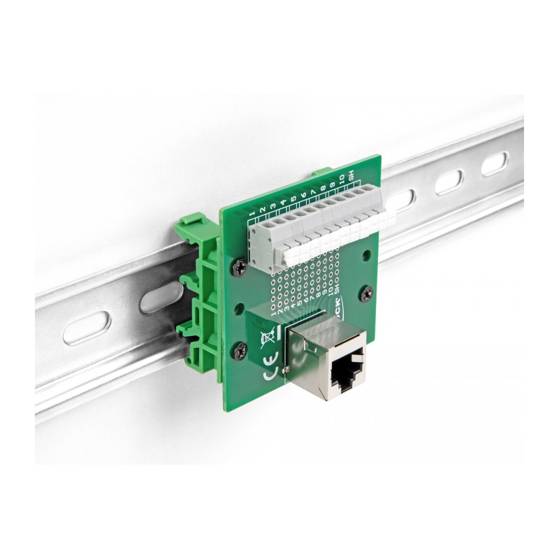 Delock RJ50 Buchse zu Terminalblock mit Drucktaster für Hutschiene gewinkelt