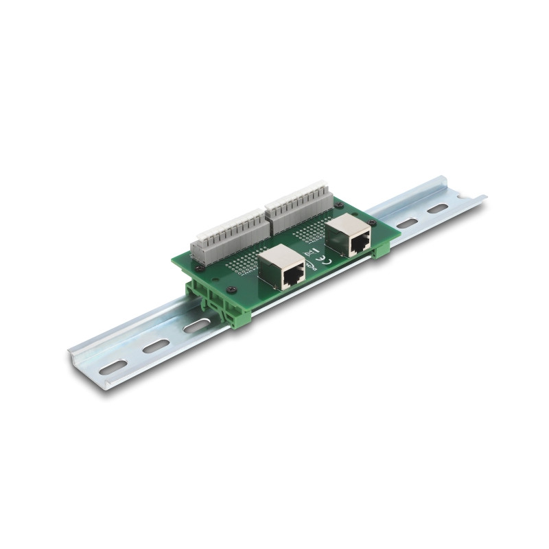 Delock RJ50 2 x Buchse zu 2 x Terminalblock mit Drucktaster für Hutschiene