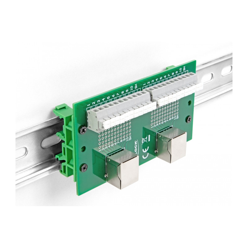 Delock RJ50 2 x Buchse zu 2 x Terminalblock mit Drucktaster für Hutschiene
