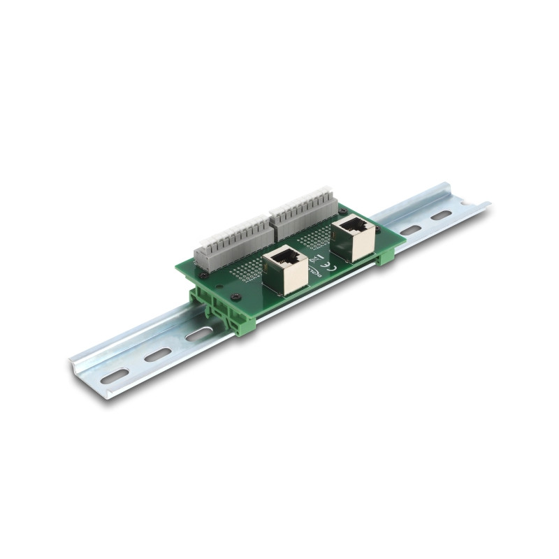 Delock RJ50 2 x Buchse zu 2 x Terminalblock mit Drucktaster für Hutschiene gewinkelt