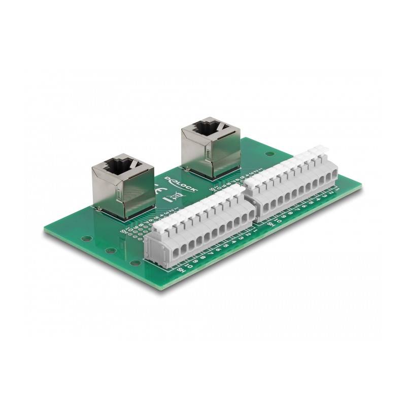 Delock RJ50 2 x Buchse zu 2 x Terminalblock mit Drucktaster für Hutschiene gewinkelt