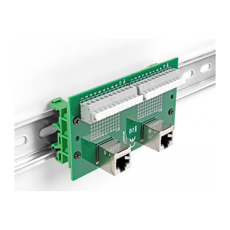 Delock RJ50 2 x Buchse zu 2 x Terminalblock mit Drucktaster für Hutschiene gewinkelt