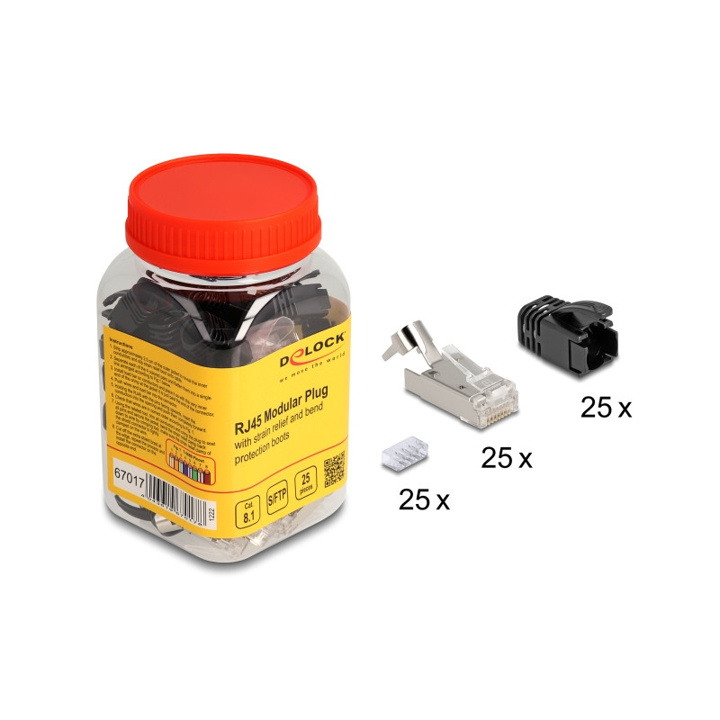 Delock RJ45 Modularer Stecker mit Zugentlastung Cat.8.1 und Knickschutztülle 25er Set