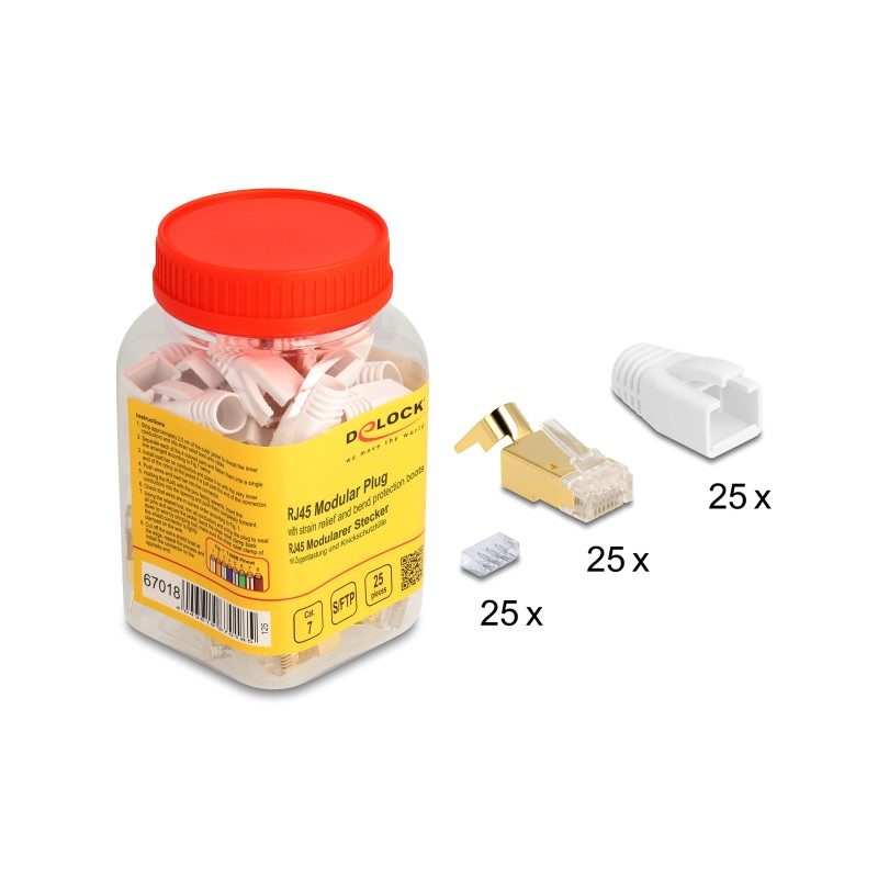 Delock RJ45 Modularer Stecker mit Zugentlastung und Knickschutztülle für Cat.7 Rundkabel 25er Set