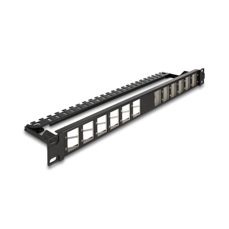 Delock 19″ Keystone Patchpanel 24 Port gewinkelt mit Entlastungsschiene schwarz