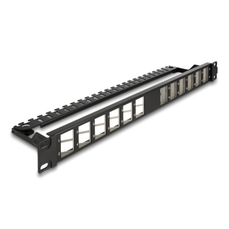 Delock 19″ Keystone Patchpanel 24 Port gewinkelt mit Entlastungsschiene schwarz