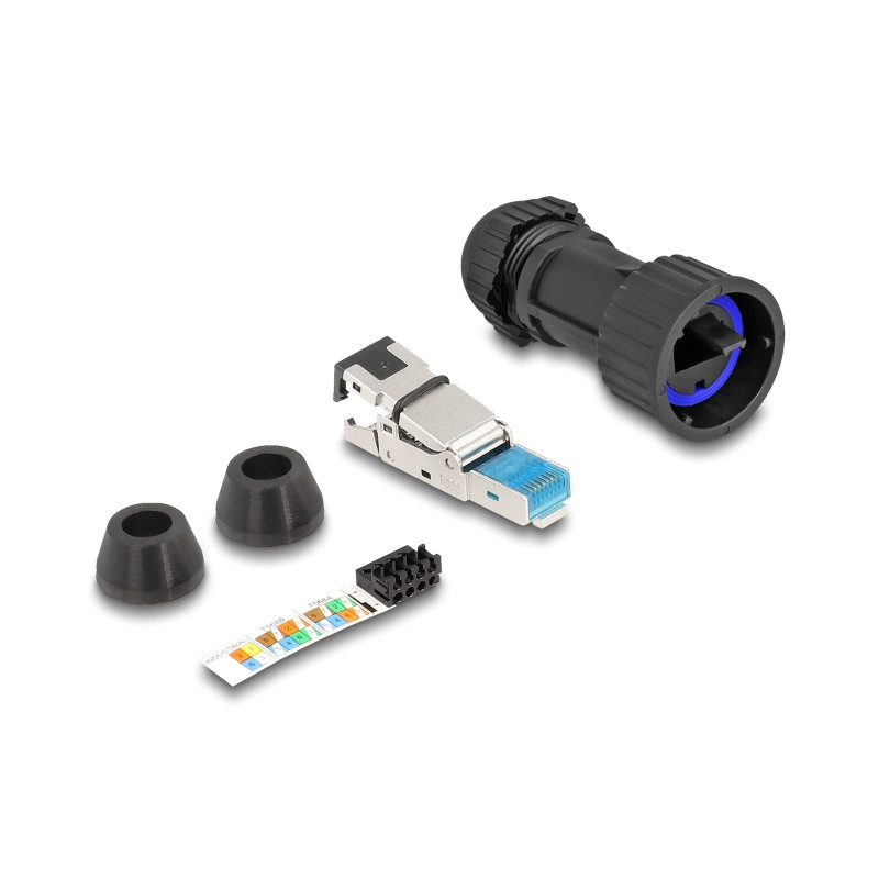 RJ45 Stecker feldkonfektionierbar Cat.6A mit Durchführungskupplung passend für Delock Artikel 67047 und 67048 IP68 staub- und wa
