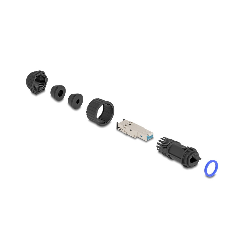 RJ45 Stecker feldkonfektionierbar Cat.6A mit Durchführungskupplung passend für Delock Artikel 67047 und 67048 IP68 staub- und wa