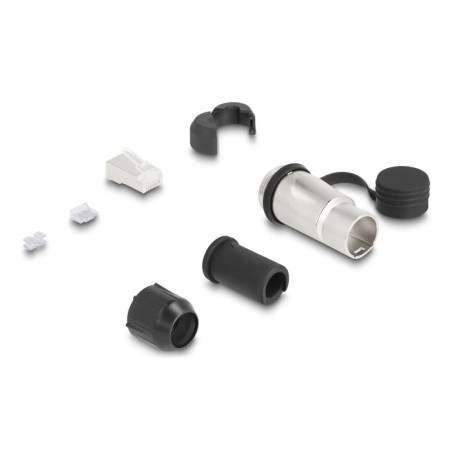 RJ45 Modularer Stecker zur Eigenmontage Cat.6A mit robusten Kabelsteckergehäuse und Schutzkappe passend für die Delock Durchführ