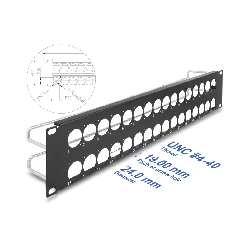 Delock 19″ D-Typ Patchpanel mit Entlastungsschienen 32 Port 2 HE schwarz