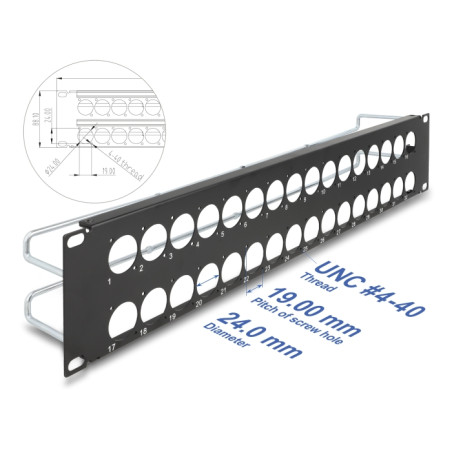 Delock 19″ D-Typ Patchpanel mit Entlastungsschienen 32 Port 2 HE schwarz