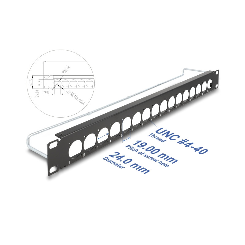Delock 19″ D-Typ Patchpanel mit Entlastungsschiene 16 Port 1 HE schwarz