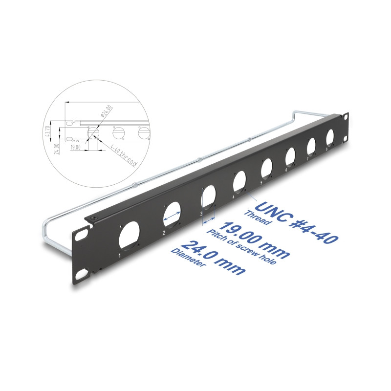 Delock 19″ D-Typ Patchpanel mit Entlastungsschiene 8 Port 1 HE schwarz