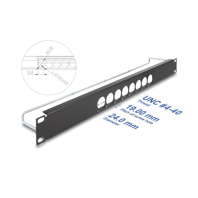 Delock 19″ D-Typ Patchpanel mit Entlastungsschiene 8 Port mittig 1 HE schwarz