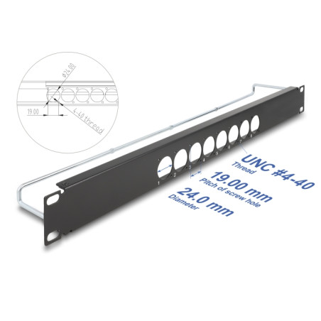 Delock 19″ D-Typ Patchpanel mit Entlastungsschiene 8 Port mittig 1 HE schwarz