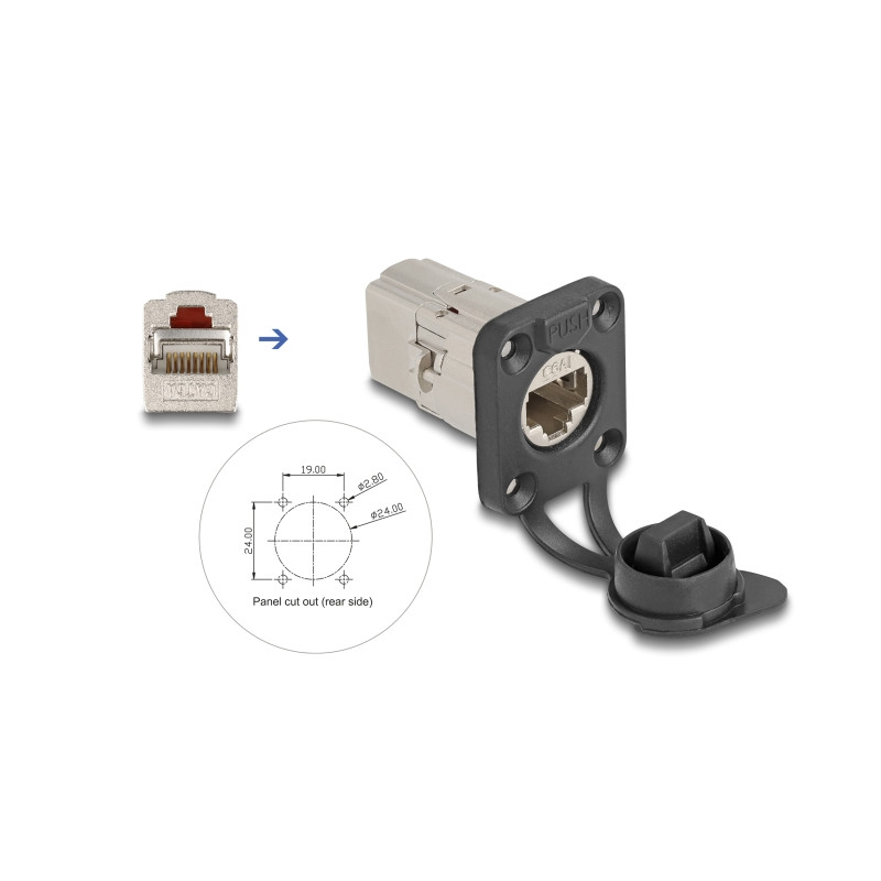 Delock D-Typ RJ45 Einbaubuchse / Kupplung Cat.6A STP mit Schutzkappe IP66 staub- und wasserdicht