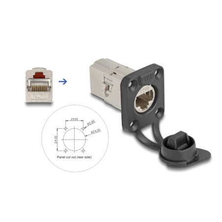 Delock D-Typ RJ45 Einbaubuchse / Kupplung Cat.6A STP mit Schutzkappe IP66 staub- und wasserdicht