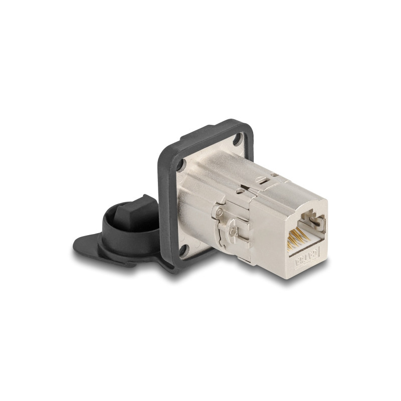 Delock D-Typ RJ45 Einbaubuchse / Kupplung Cat.6A STP mit Schutzkappe IP66 staub- und wasserdicht