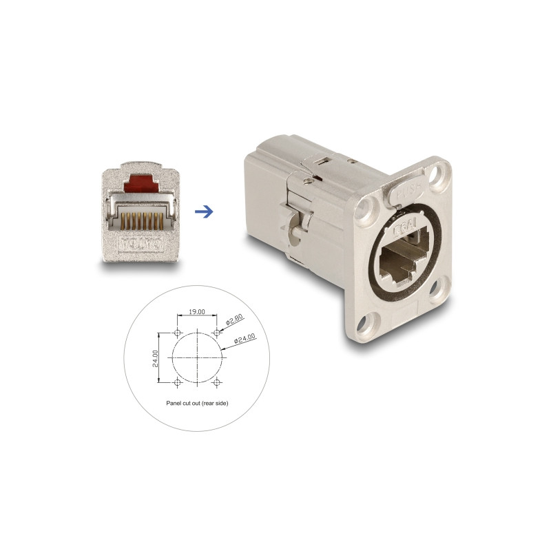 Delock D-Typ RJ45 Einbaubuchse / Kupplung Cat.6A STP Metall