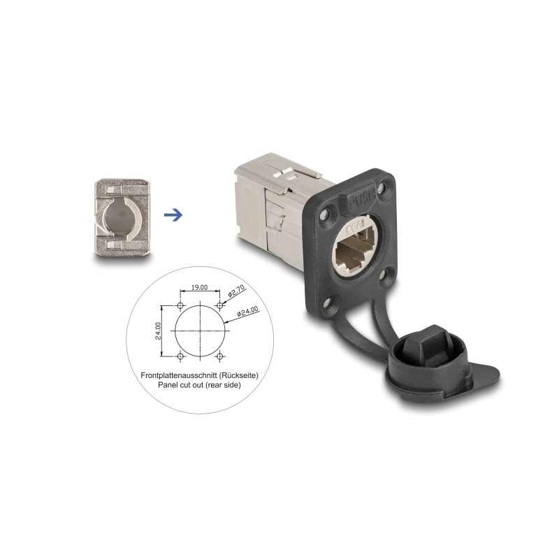 Delock D-Typ RJ45 Einbaubuchse mit LSA Anschluss Cat.6A STP mit Schutzkappe IP66 staub- und wasserdicht
