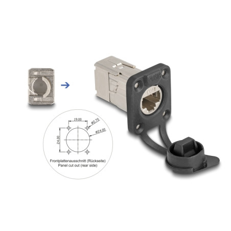 Delock D-Typ RJ45 Einbaubuchse mit LSA Anschluss Cat.6A STP mit Schutzkappe IP66 staub- und wasserdicht