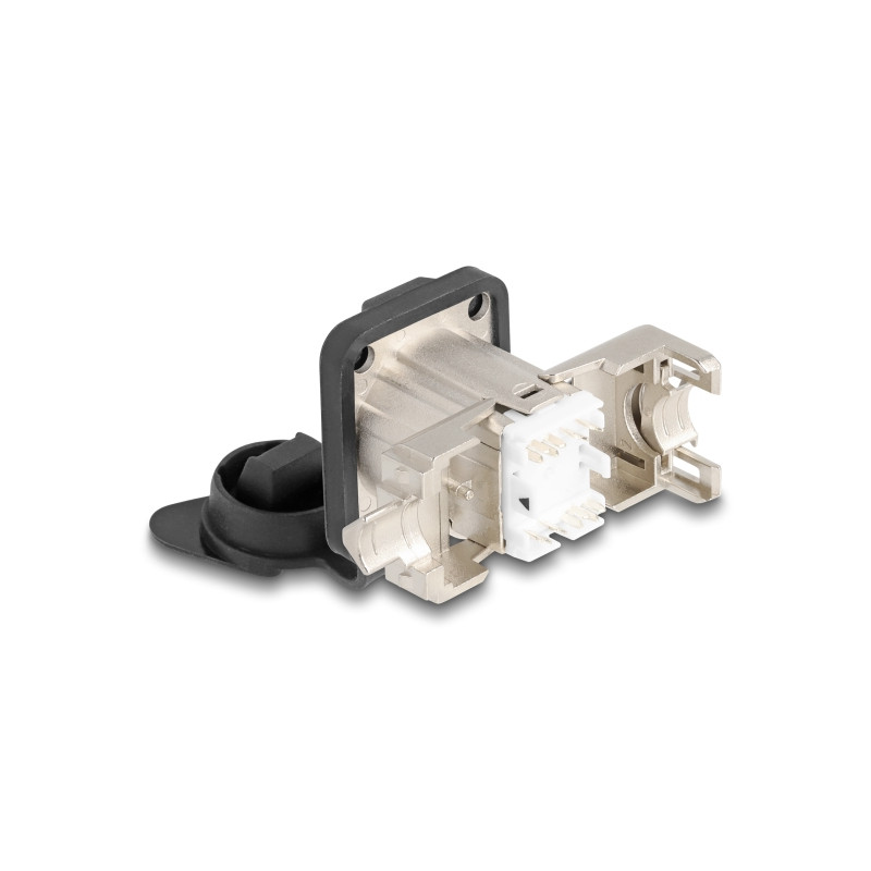Delock D-Typ RJ45 Einbaubuchse mit LSA Anschluss Cat.6A STP mit Schutzkappe IP66 staub- und wasserdicht