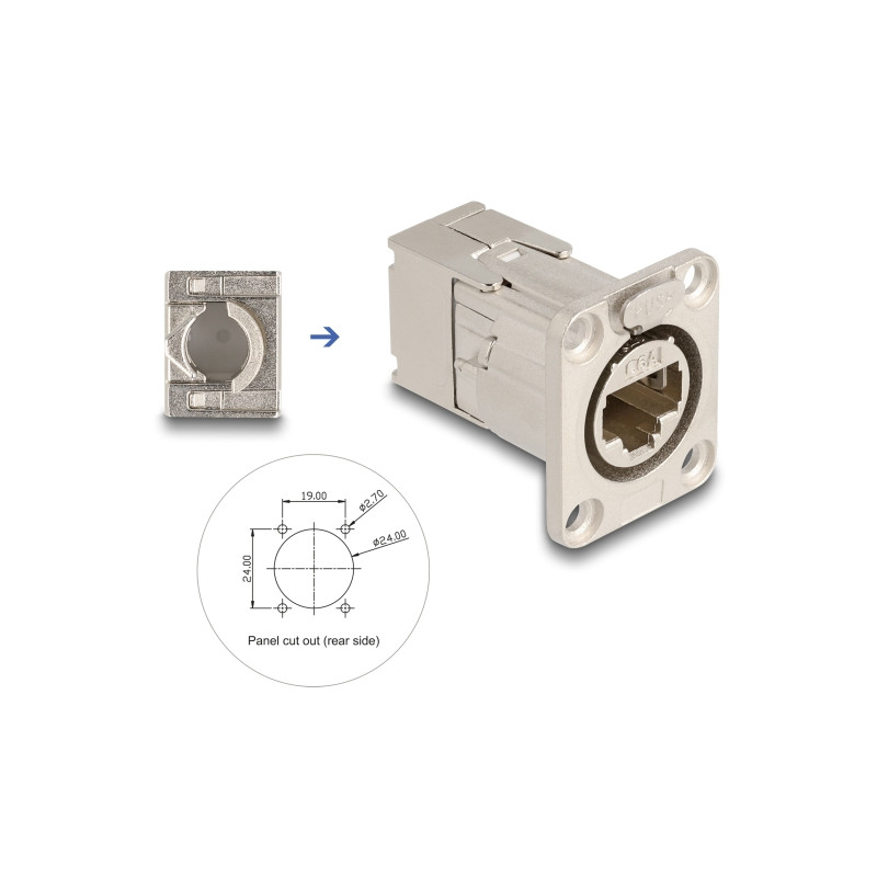 Delock D-Typ RJ45 Einbaubuchse mit LSA Anschluss Cat.6A STP Metall