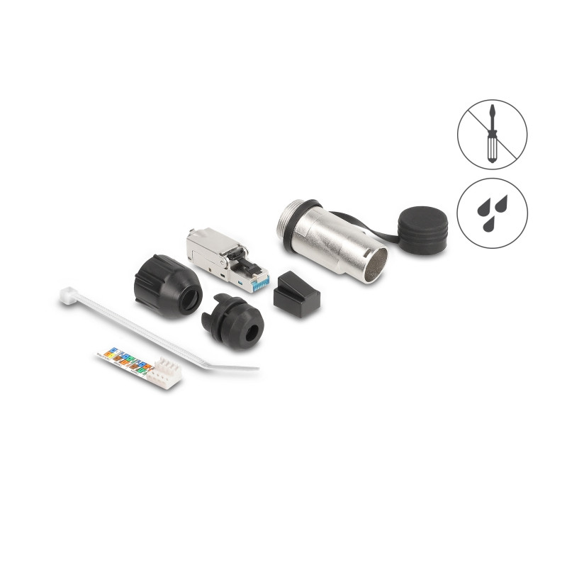 RJ45 Modularer Stecker feldkonfektionierbar Cat.6A mit robusten Kabelsteckergehäuse und Schutzkappe passend für die Delock Durch