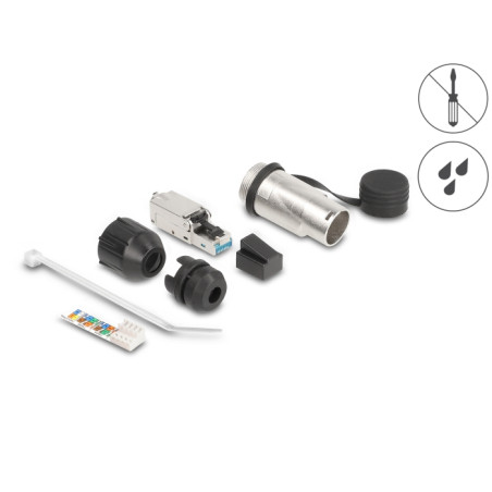 RJ45 Modularer Stecker feldkonfektionierbar Cat.6A mit robusten Kabelsteckergehäuse und Schutzkappe passend für die Delock Durch