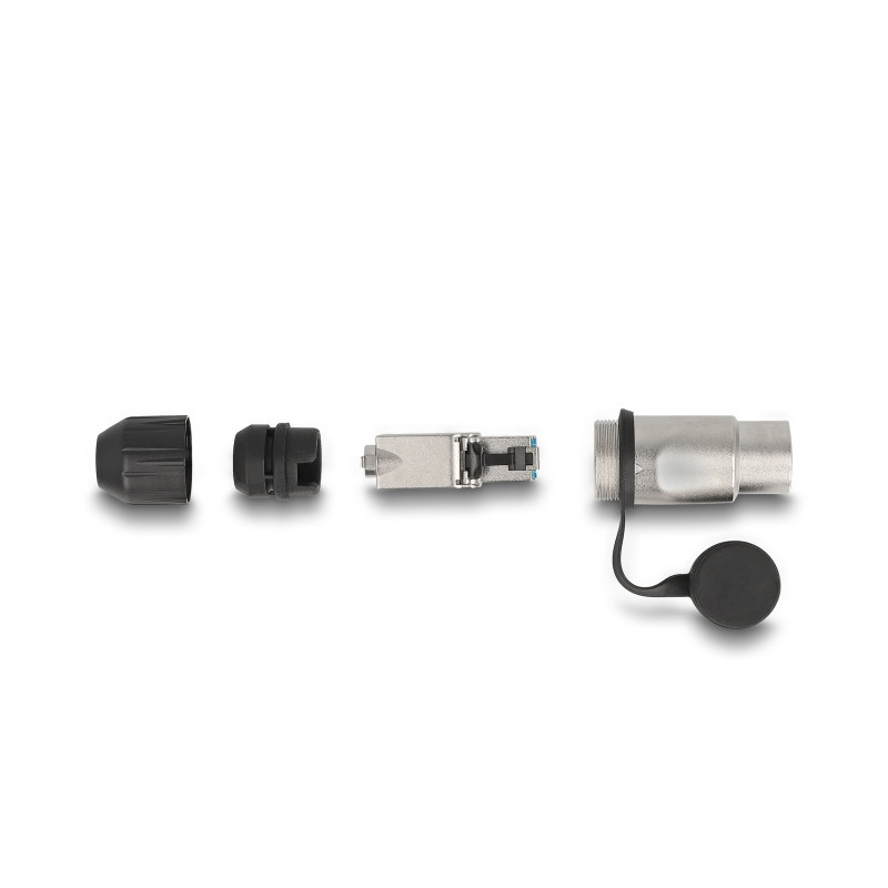 RJ45 Modularer Stecker feldkonfektionierbar Cat.6A mit robusten Kabelsteckergehäuse und Schutzkappe passend für die Delock Durch