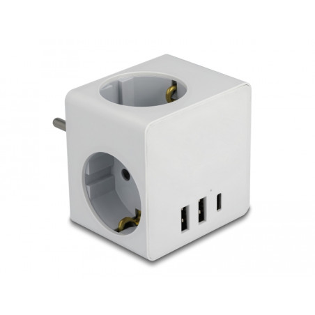 Delock Steckdosenwürfel 3-fach mit Kindersicherung und USB Ladegerät weiß