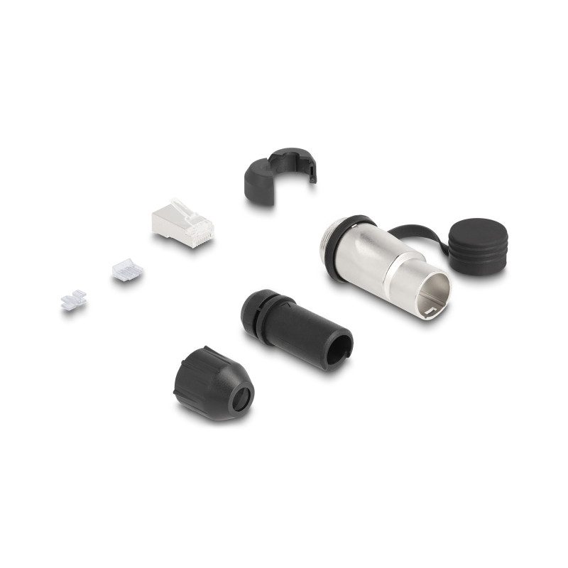 RJ45 Modularer Stecker Cat.6A zur Eigenmontage mit robusten Kabelsteckergehäuse und Schutzkappe passend für die Delock Durchführ