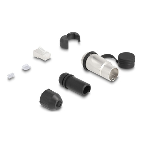 RJ45 Modularer Stecker Cat.6A zur Eigenmontage mit robusten Kabelsteckergehäuse und Schutzkappe passend für die Delock Durchführ