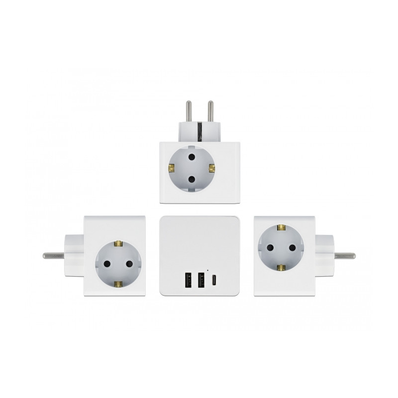 Delock Steckdosenwürfel 3-fach mit Kindersicherung und USB Ladegerät weiß