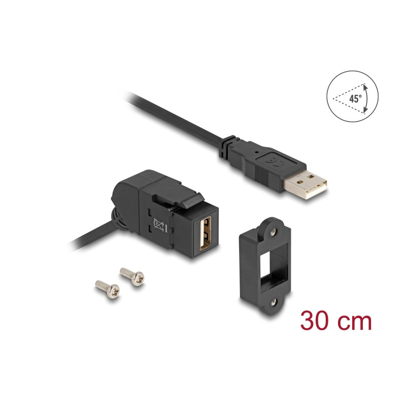 Delock Keystone Modul USB 2.0 Typ-A Einbaubuchse 45° gewinkelt zu Typ-A Stecker mit 30 cm Kabel schwarz