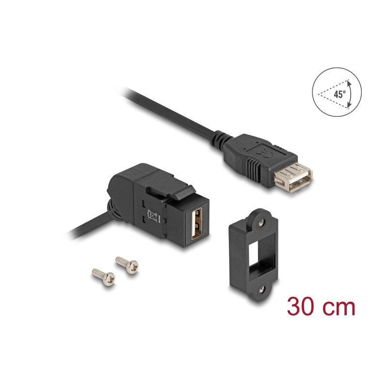 Delock Keystone Modul USB 2.0 Typ-A Einbaubuchse 45° gewinkelt zu Typ-A Buchse mit 30 cm Kabel schwarz