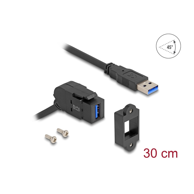 Delock Keystone Modul USB 5 Gbps Typ-A Einbaubuchse 45° gewinkelt zu Typ-A Stecker mit 30 cm Kabel schwarz