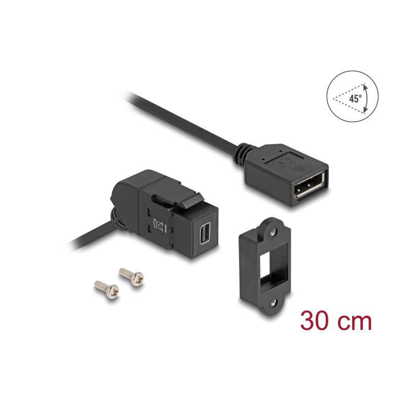 Delock Keystone Modul Mini DisplayPort Einbaubuchse zu DisplayPort Buchse 45° gewinkelt mit 30 cm Kabel 8K 30 Hz schwarz