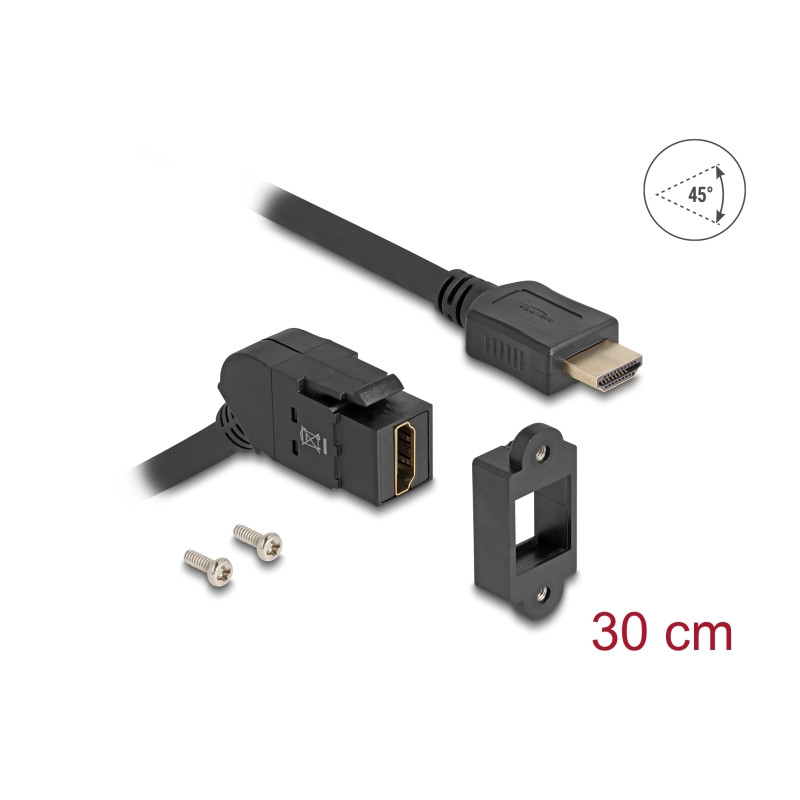 Delock Keystone Modul HDMI Einbaubuchse 45° gewinkelt zu HDMI Stecker mit 30 cm Kabel 8K 60 Hz schwarz