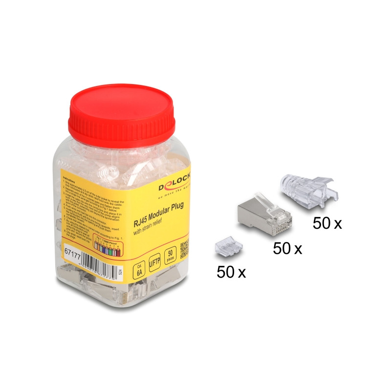 Delock RJ45 Modularer Stecker Cat.6A mit Knickschutztülle transparent 50er Set
