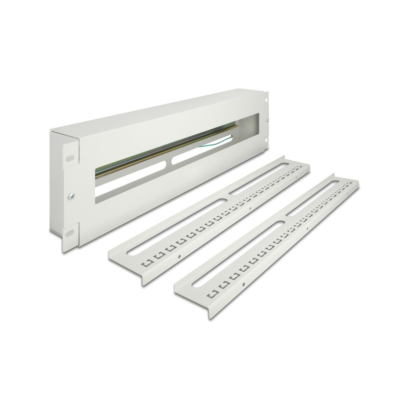Delock 19″ Schutzschalterleiste mit Abdeckung und Hutschiene inklusive 2 x Kabelzugentlastungsschiene 3 HE Metall grau