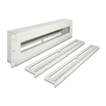Delock 19″ Schutzschalterleiste mit Abdeckung und Hutschiene inklusive 2 x Kabelzugentlastungsschiene 3 HE Metall grau