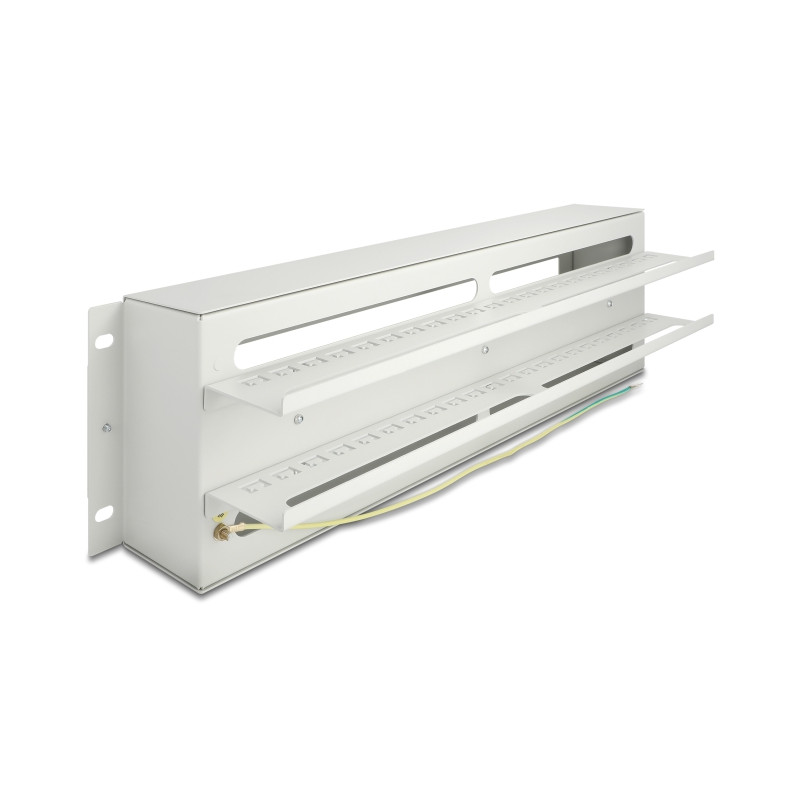 Delock 19″ Schutzschalterleiste mit Abdeckung und Hutschiene inklusive 2 x Kabelzugentlastungsschiene 3 HE Metall grau