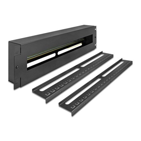 Delock 19″ Schutzschalterleiste mit Abdeckung und Hutschiene inklusive 2 x Kabelzugentlastungsschiene 3 HE Metall schwarz
