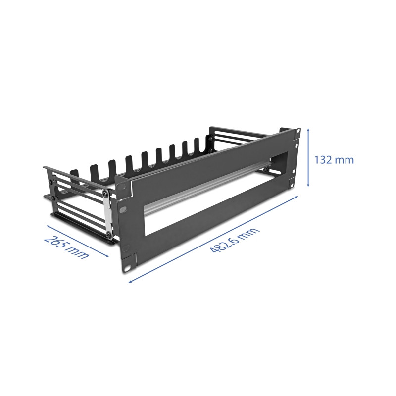 Delock 19″ Schutzschalterleiste mit Abdeckung, Kabelzugentlastungsschiene und tiefenverstellbarer Hutschiene 3 HE Metall schwarz