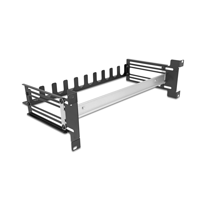 Delock 19″ Schutzschalterleiste mit Abdeckung, Kabelzugentlastungsschiene und tiefenverstellbarer Hutschiene 3 HE Metall schwarz