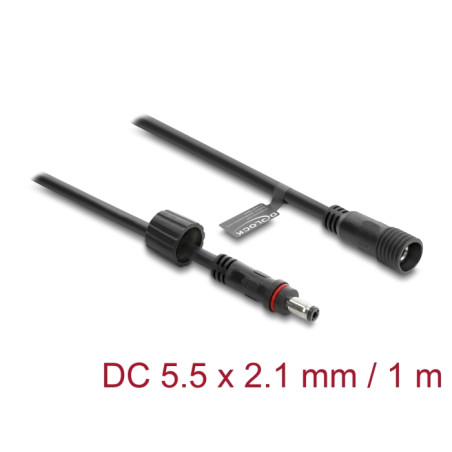 Delock DC Verlängerungskabel 5,5 x 2,1 mm Stecker zu Buchse mit Schraubverschluss M12 x 1,75 mm Gewinde wasserfest 18 AWG, 1 m s