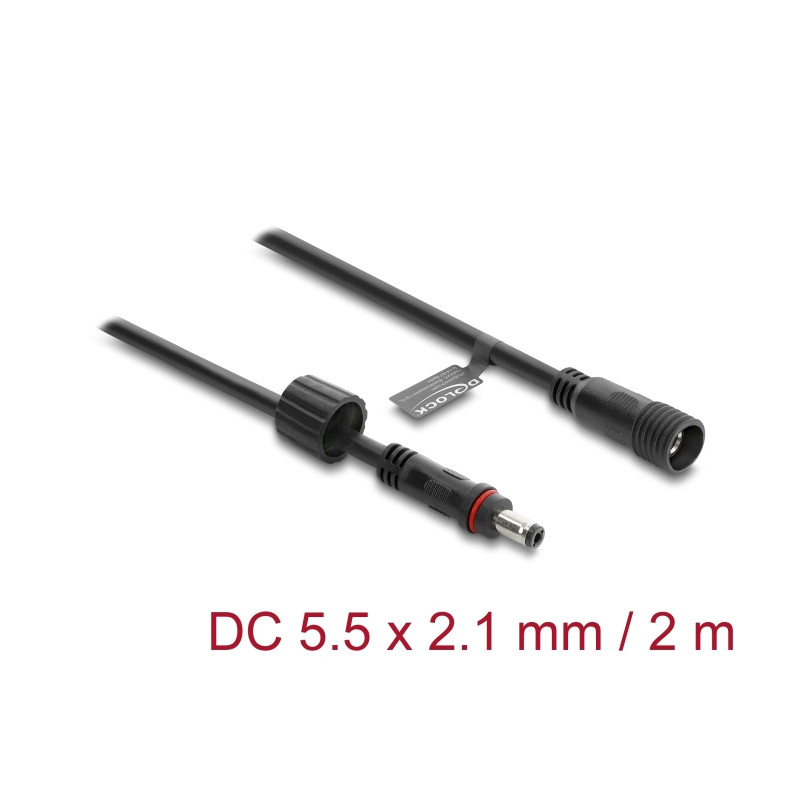 Delock DC Verlängerungskabel 5,5 x 2,1 mm Stecker zu Buchse mit Schraubverschluss M12 x 1,75 mm Gewinde wasserfest 18 AWG, 2 m s
