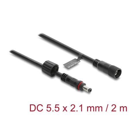 Delock DC Verlängerungskabel 5,5 x 2,1 mm Stecker zu Buchse mit Schraubverschluss M12 x 1,75 mm Gewinde wasserfest 18 AWG, 2 m s