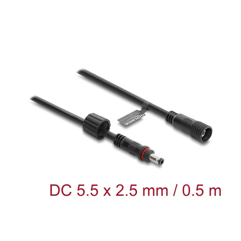 Delock DC Verlängerungskabel 5,5 x 2,5 mm Stecker zu Buchse mit Schraubverschluss M12 x 1,75 mm Gewinde wasserfest 18 AWG, 0,5 m